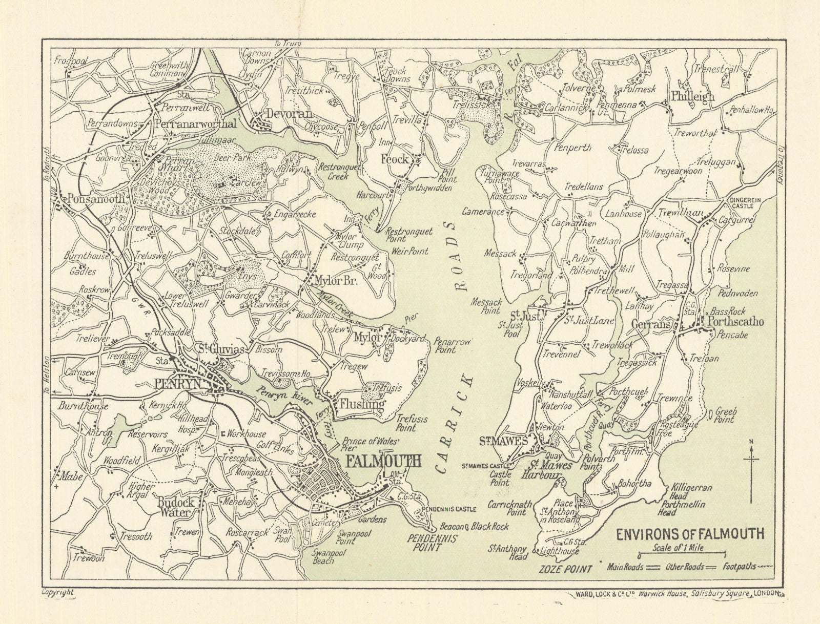FALMOUTH environs. Carrick Roads Penryn St Mawes. Cornwall. WARD LOCK 1914 map